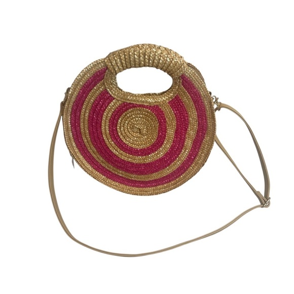 Mud Pie NWT Round Straw Bag with Hot Pink Circles Shoulder Strap and Handles - Picture 2 of 16